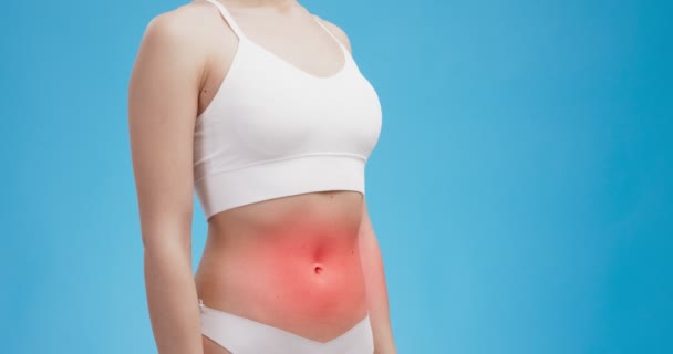 Crampi mestruali femminili. Corpo donna con ventre pulsante rosso, sfondo blu - Filmati, video