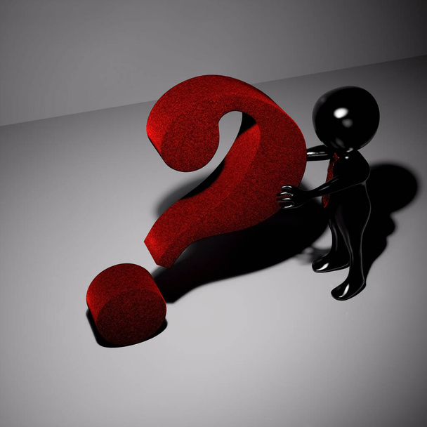 3d black man with red tie supporting a big red question mark - 3d rendering - Photo, Image