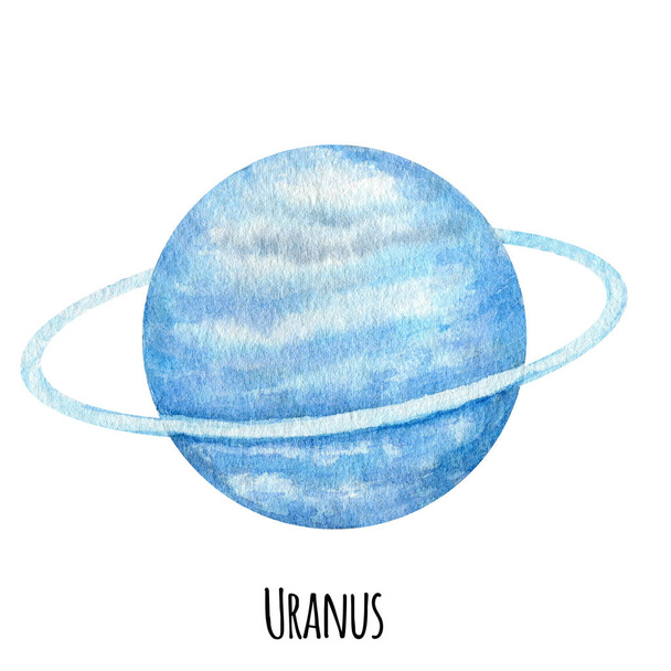 Uránusz bolygó a Naprendszer akvarell elszigetelt illusztráció fehér háttér. Kézzel rajzolt világűr bolygó. Galaxisunk csillagászati oktatóanyaga. - Fotó, kép