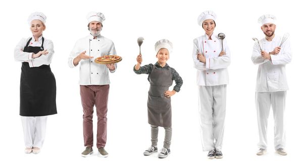 Collage of different chefs on white background - Photo, Image