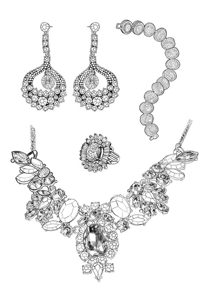 Sketches of beautiful jewelry on white background - Zdjęcie, obraz