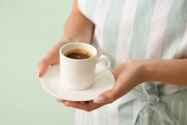 Young woman with cup of hot coffee, closeup - Foto, Imagem