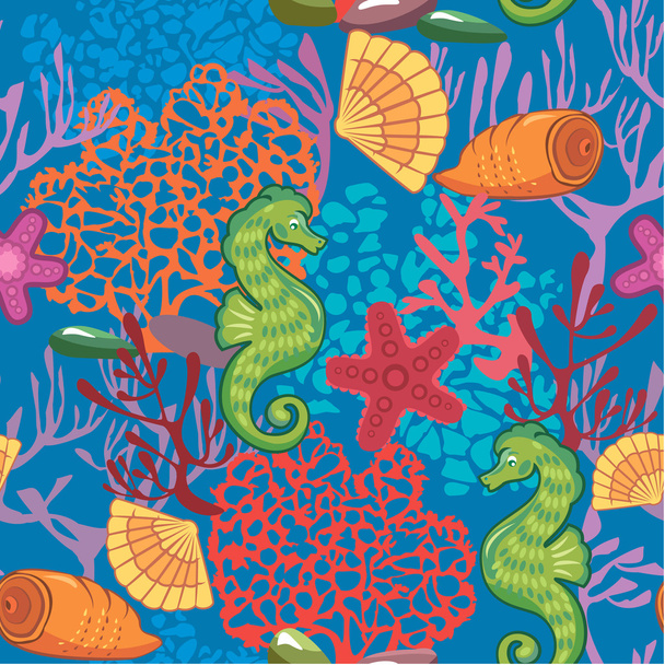 Seamless nautical pattern on blue background with sea horses, fi - Vector, Image