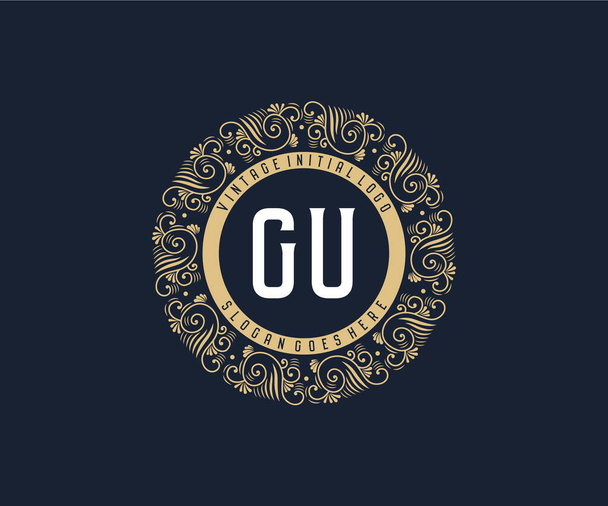 GU Antique retro luxo vitoriano logotipo emblema caligráfico com moldura ornamental. - Vetor, Imagem