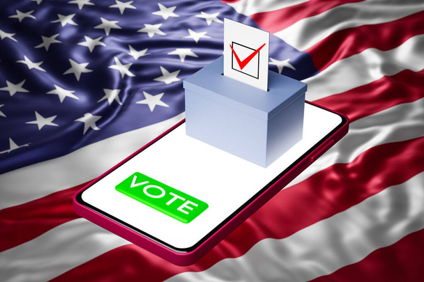 3D-Illustration einer Wahlurne mit einer Plakatwand auf einem Smartphone, im Hintergrund die Nationalflagge der USA. Online-Abstimmungskonzept, Digitalisierung von Wahlen - Foto, Bild