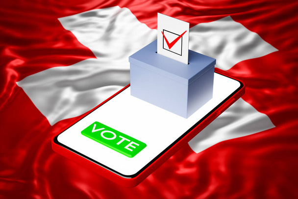 3d ilustración de una caja de votación con una cartelera de pie en un teléfono inteligente, con la bandera nacional de Suiza en el fondo. Concepto de votación en línea, digitalización de elecciones - Foto, Imagen