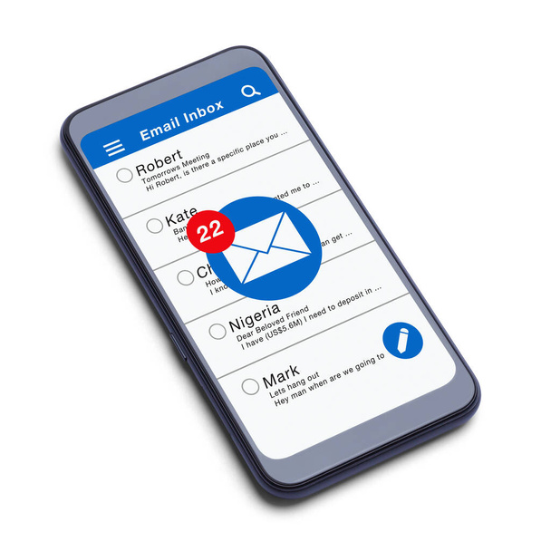 Teléfono inteligente con bandeja de entrada de correo electrónico y mensajes listos para leer recortados en blanco. - Foto, imagen