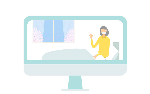 患者の女性は、オンライン訪問のためにベッドに立ち上がる - ベクター画像
