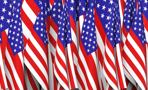 3d renderöinti. taitto Yhdysvallat National Flags rivi seinä tausta. - Valokuva, kuva
