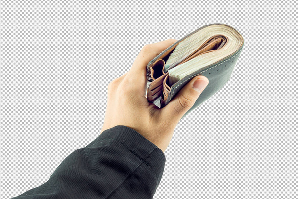 Επιχειρηματίας χέρι κρατώντας χρήματα και ο άνθρωπος κρατώντας ένα πορτοφόλι που απομονώνονται σε λευκό φόντο με ψαλίδισμα διαδρομή. - Φωτογραφία, εικόνα