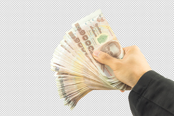 Podnikatel ruka drží peníze a muž drží peněženku izolované na bílém pozadí s výstřižkem cestu. - Fotografie, Obrázek