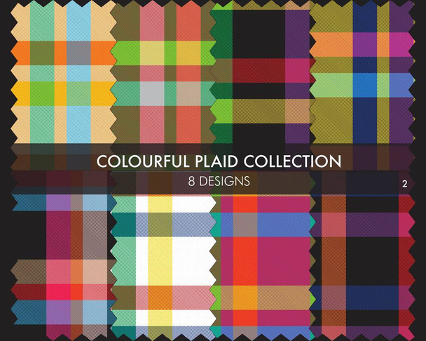 La colorida colección de patrones sin costuras texturizados a cuadros incluye 8 diseños para textiles y gráficos de moda - Vector, Imagen