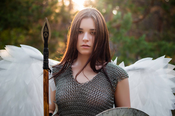 Portrait of a warrior woman in chain mail with steel bracers and wings behind her back. Standing in a fighting position with a spear and a shield in his hands. - Foto, afbeelding