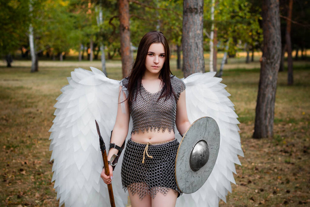 Portrait of a warrior woman in chain mail with steel bracers and wings behind her back. Standing in a fighting position with a spear and a shield in his hands. - Фото, зображення
