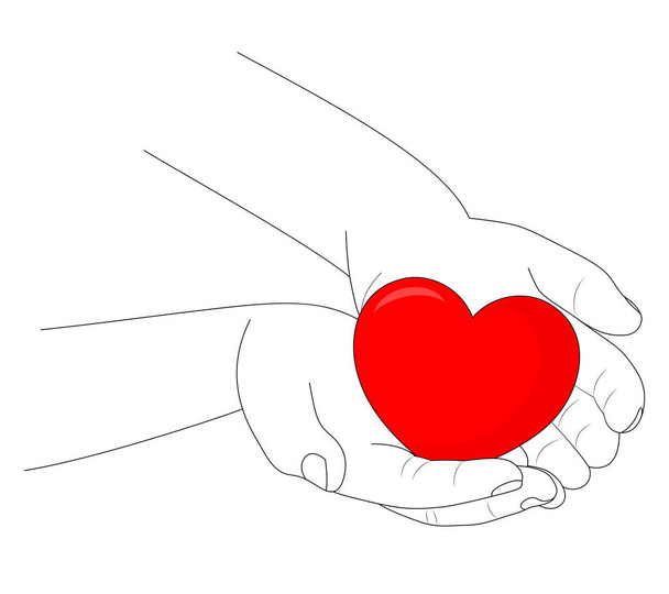 Рисунок человеческой руки с красным сердцем. Векторная иллюстрация. - Вектор,изображение