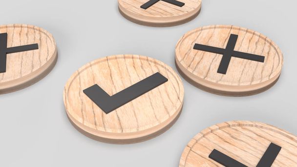 Das richtige und falsche Symbol auf Holzteller 3d renderin - Foto, Bild