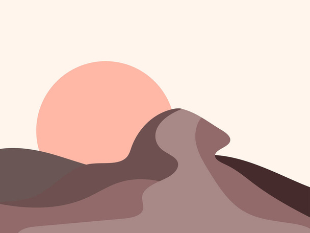 Vuoristomaisema minimalistiseen tyyliin. Auringonnousu ja auringonlasku, punainen aurinko. Boho sisustus tulosteita, julisteita ja sisustus. Vuosisadan puolivälissä moderni sisustus. Trendityyliä. Vektoriesimerkki - Vektori, kuva