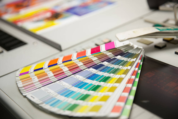 Press color management. Cmyk stripe loupe and color palette. - Photo, Image