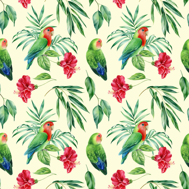Płynne wzory. Papugi i liście palmy, tropikalne rośliny, akwarela botaniczna ilustracja - Zdjęcie, obraz