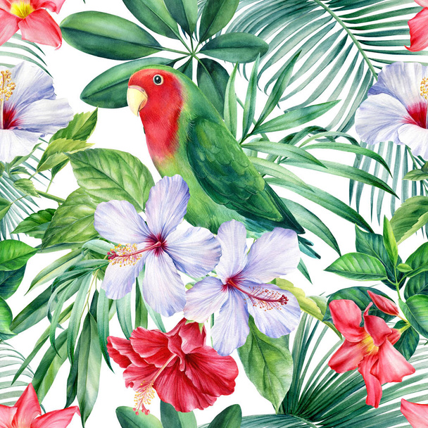 Patrones sin costuras. Loros y hojas de palma, plantas tropicales sobre fondo blanco, acuarela ilustración botánica - Foto, Imagen