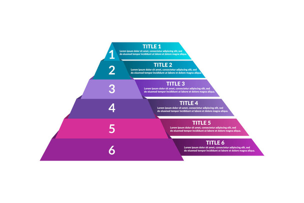 Värikäs infografia pyramidin muodossa. Kuusi askelta tai vaihtoehtoa. Kolmio 6 tasoa. Kaavio, kaavio, kaavio, esitysmalli. Kerroksellinen liiketoimintakonseptimalli. Vektori kuva, tasainen, clipart - Vektori, kuva