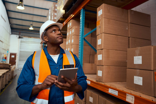 African male supervisor checking product or parcel goods on shelf pallet in industry storage warehouse using digital tablet - Foto, imagen