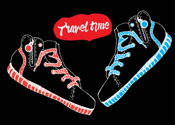 zapatillas de deporte azul y rosa, tiempo para viajar sobre un fondo negro, ilustración, vector, - Foto, imagen