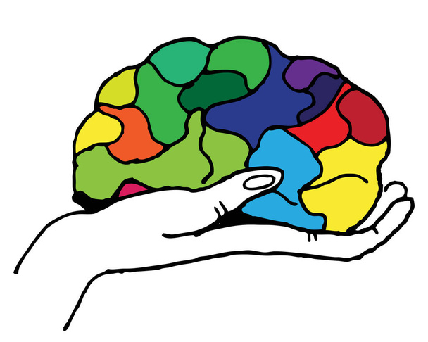 mantenga el cerebro multicolor en la mano, dibujando sobre un fondo blanco, creatividad, ilustración, vector, icono, logotipo - Foto, imagen