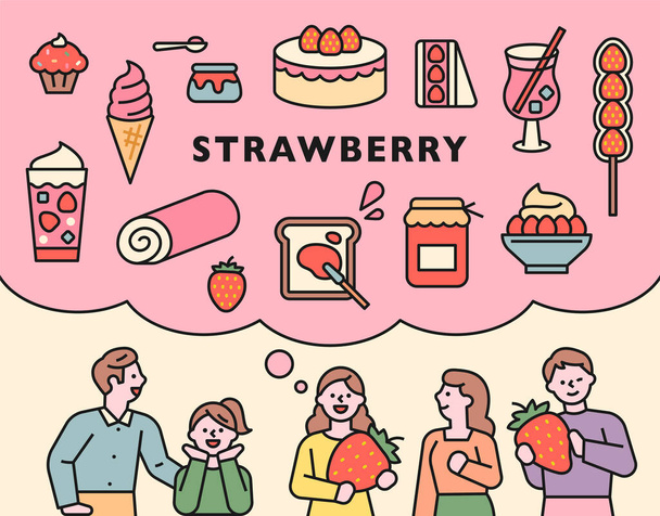 Foods made with strawberries. People are thinking of a variety of strawberry menus with large strawberries. - Vector, Image