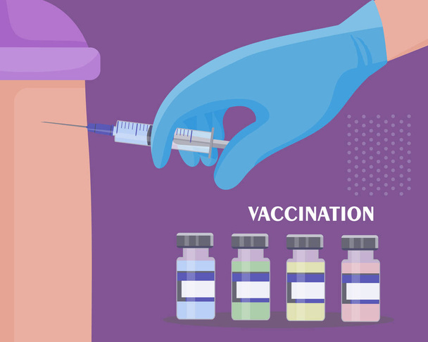Condurre vaccinazioni regolari contro varie malattie e il coronavirus KOVID-19. Il medico inietta una dose di vaccino nel braccio del paziente. Colpo antivirale. Protezione sicura contro i virus. - Vettoriali, immagini