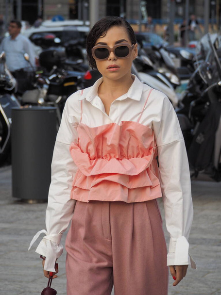 Karina Nigai street style outfit before Alberta Ferretti fashion show during Milan fashion week Spring/summer  - Photo, Image