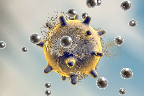 Καταστροφή ενός ιού από νανοσωματίδια, τρισδιάστατη απεικόνιση. Μπορεί επίσης να χρησιμοποιηθεί για να απεικονίσει την επίδραση φαρμάκων, φαρμάκων, μικροβίων, τοξικών ουσιών - Φωτογραφία, εικόνα