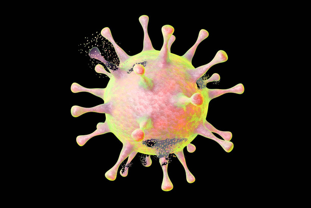 Distruzione di un virus, illustrazione 3D. Può essere usato per illustrare l'effetto di farmaci, farmaci, microbi, nanoparticelle - Foto, immagini