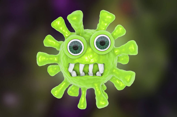 Rajzfilm vírus szörny. Vicces mikróba. 3D illusztráció - Fotó, kép