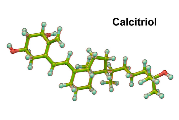 Kalsitriolimolekyyli, aktivoitu D3-vitamiinin muoto, jota käytetään kalsiumin puutteen hoitoon hypoparatyroidismilla, 3D-kuva - Valokuva, kuva