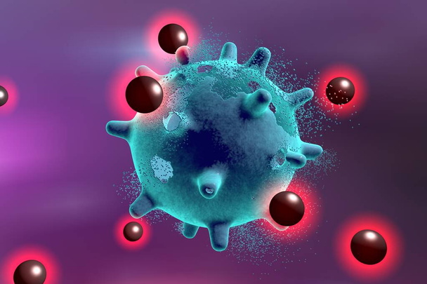 Destruição de um vírus por nanopartículas, ilustração 3D. Também pode ser usado para ilustrar o efeito de drogas, medicamentos, micróbios, substâncias tóxicas - Foto, Imagem