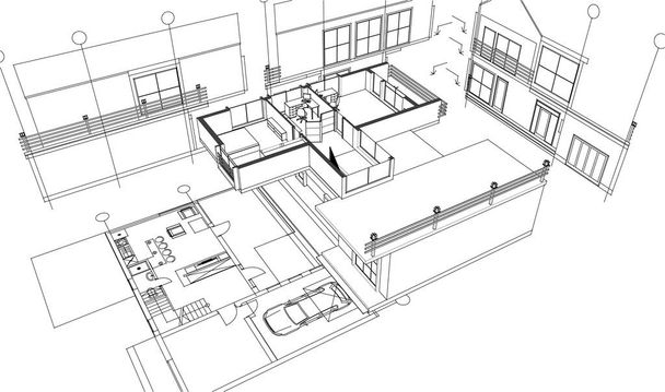 casa progetto architettonico 3d illustrazione - Vettoriali, immagini