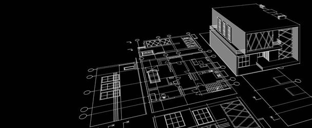 σπίτι αρχιτεκτονικό σχέδιο του έργου 3d εικονογράφηση - Φωτογραφία, εικόνα