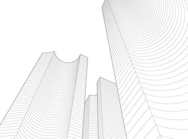 μοντέρνα αρχιτεκτονική ουρανοξύστες 3d εικόνα, καμπύλα σχήματα της πρόσοψης - Διάνυσμα, εικόνα