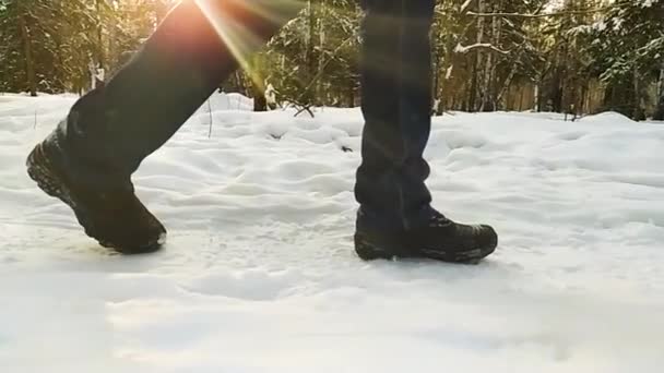 Henkilö kävelee lumisella tiellä. Kylmä talvipäivä. Auringonsä Sivunäkymä Hidastus. - Materiaali, video