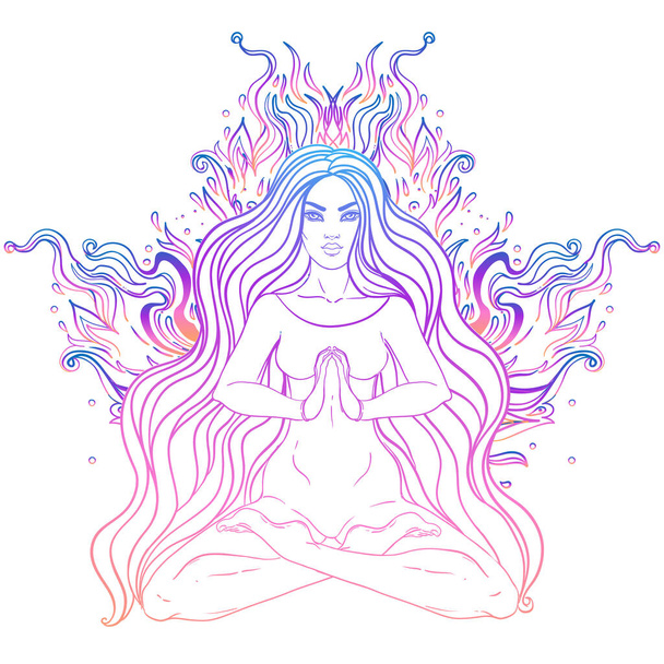 Beautiful Girl sitting in lotus position over ornate colorful neon background. Vector illustration. Psychedelic mushroom composition. Buddhism esoteric motifs. - Vektör, Görsel
