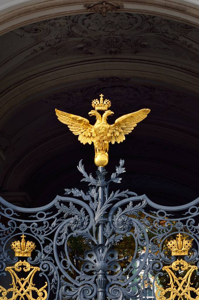 Golden double-headed eagle on the ceremonial front gate of the Winter Palace in Saint Petersburg city center, Russia. Culture, national landmark, sightseeing theme - Photo, Image