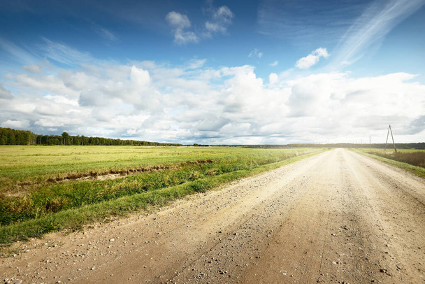 Un camino rural vacío a través de los campos después de la lluvia. Cielo dramático, paisaje épico nublado. Clima de hoz. Polos del transformador en primer plano. Letonia - Foto, Imagen