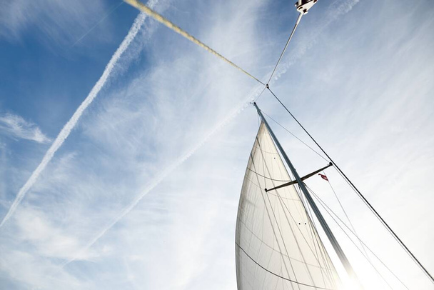 Вид под низким углом на белые паруса яхты. Ясное голубое небо с перистыми облаками и следами самолета. Нидерланды - Фото, изображение