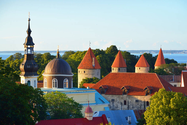 晴れた夏の日にタリン旧市街の空中ビュー。聖オラフ教会の閉鎖。パノラマの街並み。旅行ガイド、観光テーマ。エストニア - 写真・画像