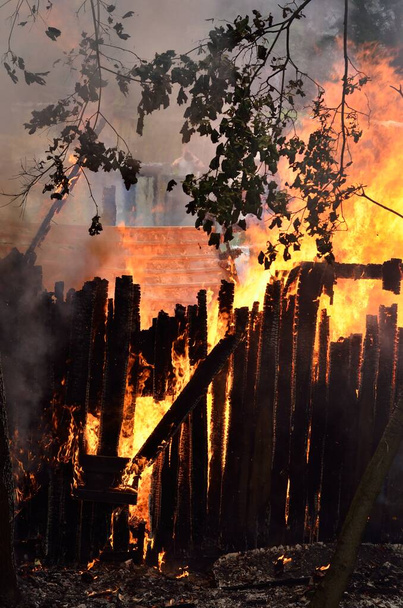 Ruiny drewnianego wiejskiego domu, ogrodzenia i starego drzewa w płomieniach. Zbliżenie struktury ognia i dymu. Pożary lasów latem. Pory roku, ekologia, kwestie ekologiczne, szkody w środowisku, katastrofa, niebezpieczeństwo - Zdjęcie, obraz