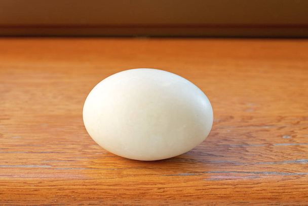 One Big Duck Egg at Wooden Table - Fotoğraf, Görsel