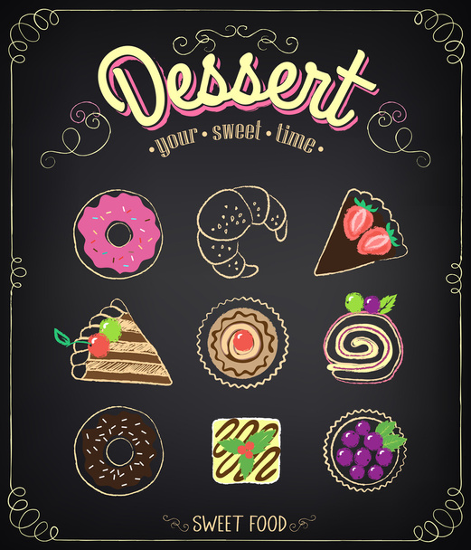 süßes Dessert auf einer Tafel. Dessertmenü - Vektor, Bild