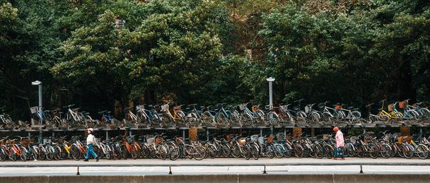 TAIPEI, TAIWAN. JAN 1, 2018: prateleiras de bicicleta de dois andares ao longo do  - Foto, Imagem