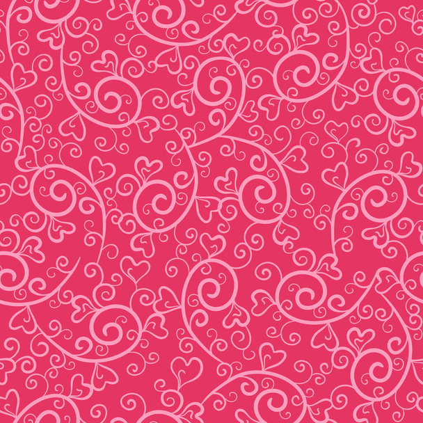 Decorative light swirls, curves and hearts on bright pink background. Seamless lovely pattern. Suitable for wrapping paper, textile, packaging. - Вектор,изображение